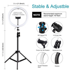 PULUZ 11.8 inch 30cm Light + 1.1m Tripod Mount Curved Surface USB 3 Modes Dimmable Dual Color Temperature LED Ring Vlogging Video Light  Live Broadcast Kits with Phone Clamp, 11.8 inch+1.1m Tripod