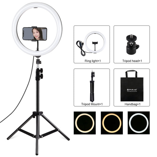 PULUZ 11.8 inch 30cm Light + 1.1m Tripod Mount Curved Surface USB 3 Modes Dimmable Dual Color Temperature LED Ring Vlogging Video Light  Live Broadcast Kits with Phone Clamp, 11.8 inch+1.1m Tripod