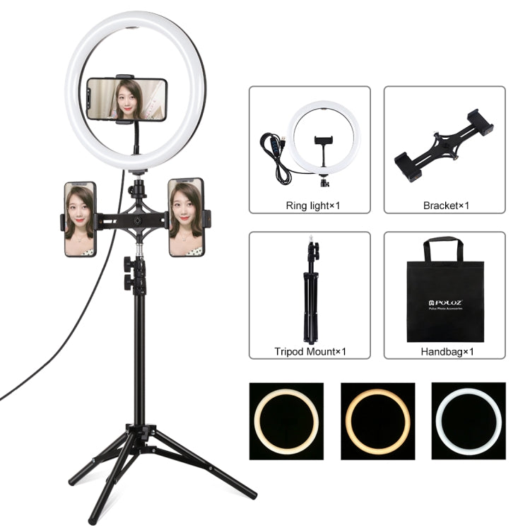 PULUZ 11.8 inch 30cm Light + 1.1m Tripod Mount + Dual Phone Brackets Curved Surface USB 3 Modes Dimmable Dual Color Temperature LED Ring Vlogging Video Light Live Broadcast Kits with Phone Clamp, 11.8 inch+1.1m Tripod+Dual Bracket