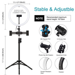 PULUZ 11.8 inch 30cm Light + 1.1m Tripod Mount + Dual Phone Brackets Curved Surface USB 3 Modes Dimmable Dual Color Temperature LED Ring Vlogging Video Light Live Broadcast Kits with Phone Clamp, 11.8 inch+1.1m Tripod+Dual Bracket