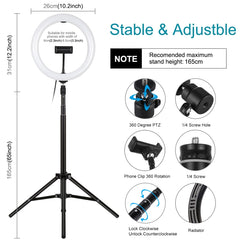 PULUZ 10.2 inch 26cm Light + 1.65m Tripod Mount Curved Surface USB 3 Modes Dimmable Dual Color Temperature Ring Vlogging Video Light Live Broadcast Kits with Phone Clamp & Selfie Remote Control, 10.2 inch+1.65m Tripod