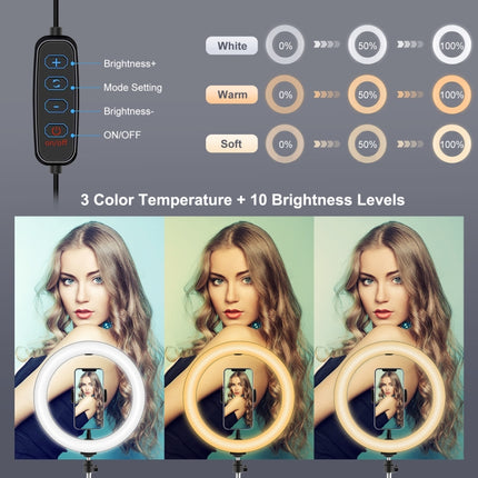 PULUZ 10.2 inch 26cm Light + 1.65m Tripod Mount Curved Surface USB 3 Modes Dimmable Dual Color Temperature Ring Vlogging Video Light Live Broadcast Kits with Phone Clamp & Selfie Remote Control