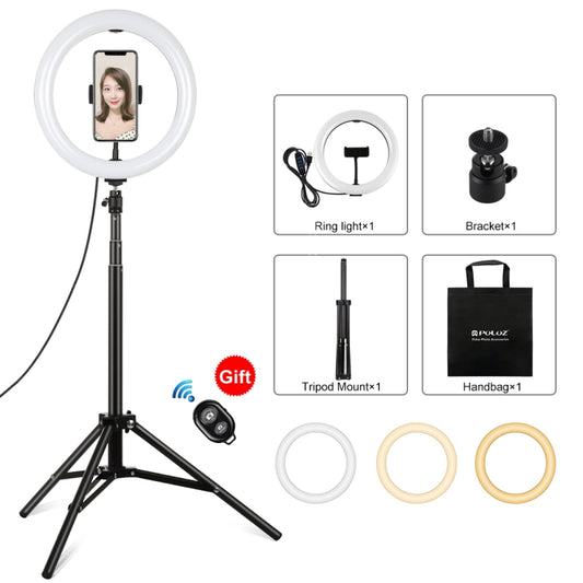 PULUZ 10.2 inch 26cm Light + 1.65m Tripod Mount Curved Surface USB 3 Modes Dimmable Dual Color Temperature Ring Vlogging Video Light Live Broadcast Kits with Phone Clamp & Selfie Remote Control, 10.2 inch+1.65m Tripod