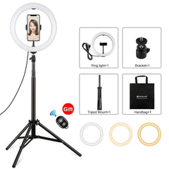 PULUZ 10.2 inch 26cm Light + 1.65m Tripod Mount Curved Surface USB 3 Modes Dimmable Dual Color Temperature Ring Vlogging Video Light Live Broadcast Kits with Phone Clamp & Selfie Remote Control, 10.2 inch+1.65m Tripod