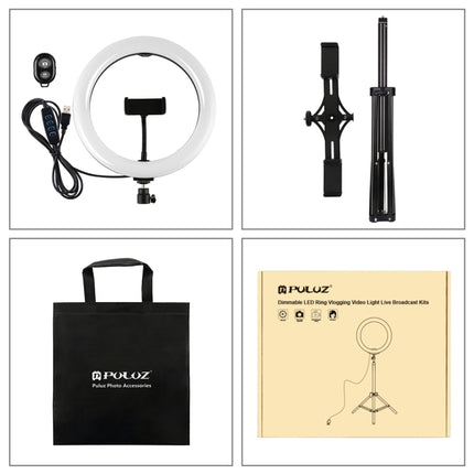 PULUZ 1.65m Tripod Mount + Dual Phone Brackets + 10.2 inch 26cm Curved Surface USB 3 Modes Dimmable Dual Color Temperature Ring Selfie Vlogging Video Light Live Broadcast Kits with Phone Clamp & Selfie Remote Control