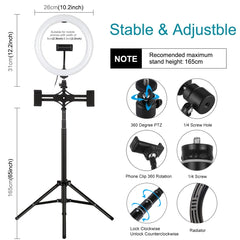 PULUZ 1.65m Tripod Mount + Dual Phone Brackets + 10.2 inch 26cm Curved Surface USB 3 Modes Dimmable Dual Color Temperature Ring Selfie Vlogging Video Light Live Broadcast Kits with Phone Clamp & Selfie Remote Control, 10.2 inch+1.65m Tripod+Dual Bracket