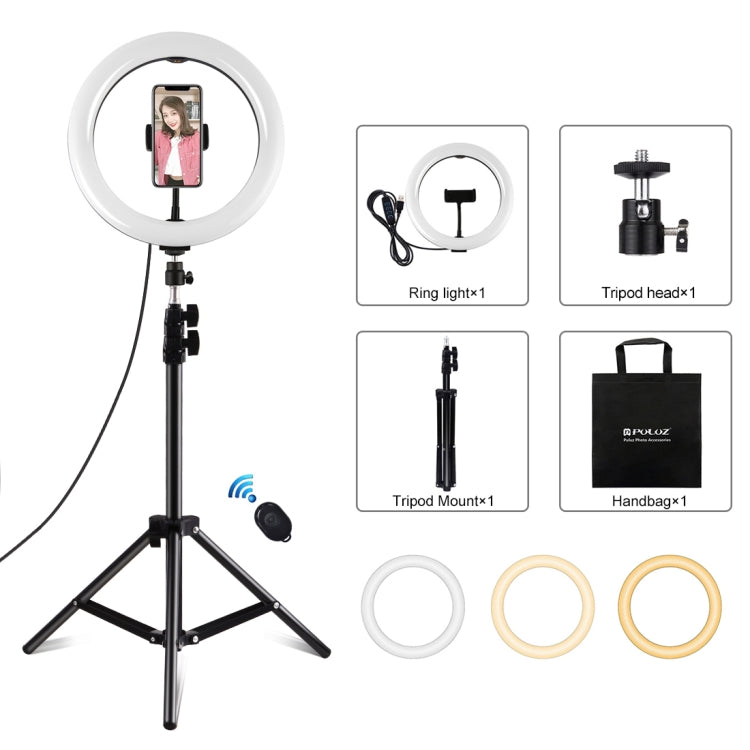 PULUZ 10.2 inch 26cm Ring Light + 1.1m Tripod Mount USB 3 Modes Dimmable Dual Color Temperature LED Curved Diffuse Light Vlogging Selfie Photography Video Lights with Phone Clamp & Selfie Remote Control, 10.2 inch+1.1m Tripod