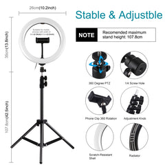 PULUZ 10.2 inch 26cm Ring Light + 1.1m Tripod Mount USB 3 Modes Dimmable Dual Color Temperature LED Curved Diffuse Light Vlogging Selfie Photography Video Lights with Phone Clamp & Selfie Remote Control, 10.2 inch+1.1m Tripod