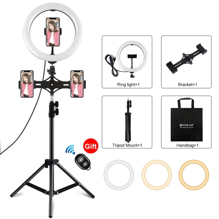 PULUZ 10.2 inch 26cm Light + 1.1m Tripod Mount + Dual Phone Brackets USB 3 Modes Dimmable Dual Color Temperature LED Curved Diffuse Light Ring Vlogging Selfie Photography Video Lights with Phone Clamp & Selfie Remote Control