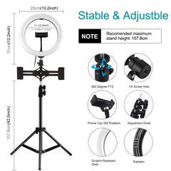 PULUZ 10.2 inch 26cm Light + 1.1m Tripod Mount + Dual Phone Brackets USB 3 Modes Dimmable Dual Color Temperature LED Curved Diffuse Light Ring Vlogging Selfie Photography Video Lights with Phone Clamp & Selfie Remote Control