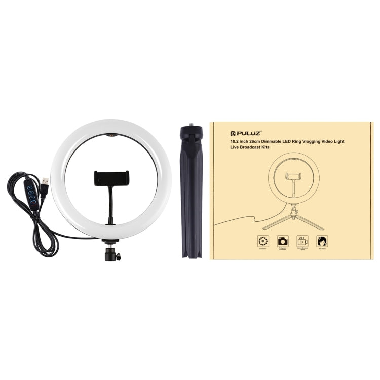 PULUZ 10.2 inch 26cm Selfie Beauty Light + Desktop Tripod Mount USB 3 Modes Dimmable LED Ring Vlogging Selfie Photography Video Lights with Cold Shoe Tripod Ball Head & Phone Clamp, Tripod Mount + 10.2 inch