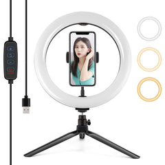 PULUZ 10.2 inch 26cm Selfie Beauty Light + Desktop Tripod Mount USB 3 Modes Dimmable LED Ring Vlogging Selfie Photography Video Lights with Cold Shoe Tripod Ball Head & Phone Clamp, 10.2 inch+ Desktop Tripod, Tripod Mount + 10.2 inch