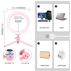 PULUZ 10.2 inch 26cm Selfie Beauty Light + Desktop Tripod Mount USB 3 Modes Dimmable LED Ring Vlogging Selfie Photography Video Lights with Cold Shoe Tripod Ball Head & Phone Clamp, 10.2 inch+ Desktop Tripod, Tripod Mount + 10.2 inch