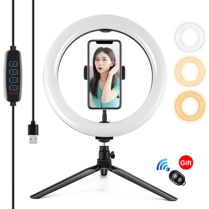 PULUZ 10,2 Zoll 26 cm Licht + Tischstativhalterung USB 3 Modi Dimmbar Zweifarbtemperatur LED Gebogener diffuser Lichtring Vlogging Selfie Fotografie Videoleuchten mit Telefonklemme, 10,2 Zoll + Tischstativ, 10,2 Zoll Gebogen + Stativ