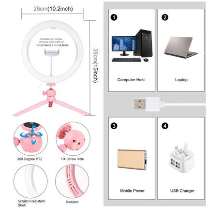 PULUZ 10.2 inch 26cm Light + Desktop Tripod Mount USB 3 Modes Dimmable Dual Color Temperature LED Curved Diffuse Light Ring Vlogging Selfie Photography Video Lights with Phone Clamp