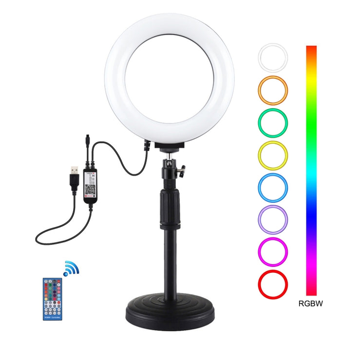 PULUZ 6.2 inch 16cm RGBW Light + Round Base Desktop Holder USB Dimmable LED Ring Vlogging Photography Video Lights with Cold Shoe Tripod Ball Head & Remote Control, Desktop Mount + 6.2 inch RGBW / Remote