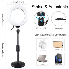 PULUZ 6.2 inch 16cm RGBW Light + Round Base Desktop Holder USB Dimmable LED Ring Vlogging Photography Video Lights with Cold Shoe Tripod Ball Head & Remote Control, Desktop Mount + 6.2 inch RGBW / Remote