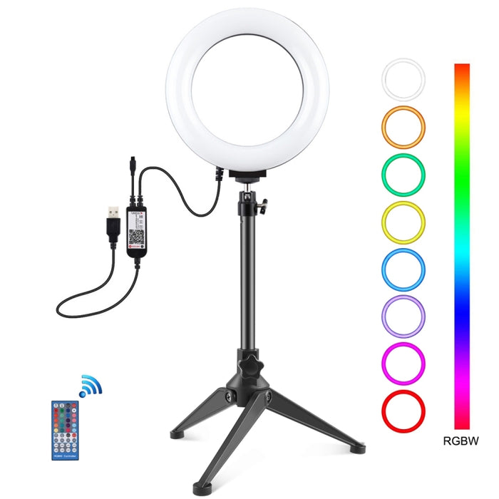 PULUZ 6,2 Zoll 16 cm RGBW-Licht + Desktop-Stativhalterung + USB-dimmbarer LED-Ring Vlogging-Fotografie-Videoleuchten mit Cold Shoe-Stativ-Kugelkopf und Fernbedienung, Stativhalterung + 6,2 Zoll RGBW / Fernbedienung