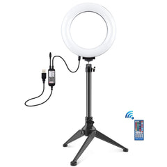 PULUZ 6.2 pulgadas 16 cm RGBW Luz + Soporte para trípode de escritorio + Anillo LED regulable USB Vlogging Fotografía Video Luces con zapata fría Trípode Cabezal de bola y control remoto, Soporte para trípode + 6.2 pulgadas RGBW / Control remoto