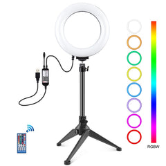 PULUZ 6.2 pulgadas 16 cm RGBW Luz + Soporte para trípode de escritorio + Anillo LED regulable USB Vlogging Fotografía Video Luces con zapata fría Trípode Cabezal de bola y control remoto, Soporte para trípode + 6.2 pulgadas RGBW / Control remoto