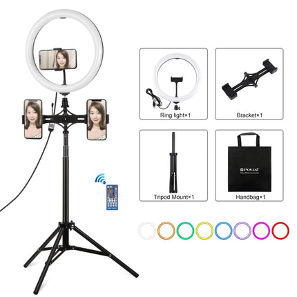 PULUZ 11.8 inch 30cm RGBW Light + 1.65m Mount + Dual Phone Brackets Curved Surface RGBW Dimmable LED Ring Selfie Vlogging Light  Live Broadcast Kits with Cold Shoe Tripod Adapter & Phone Clamp & Remote Control