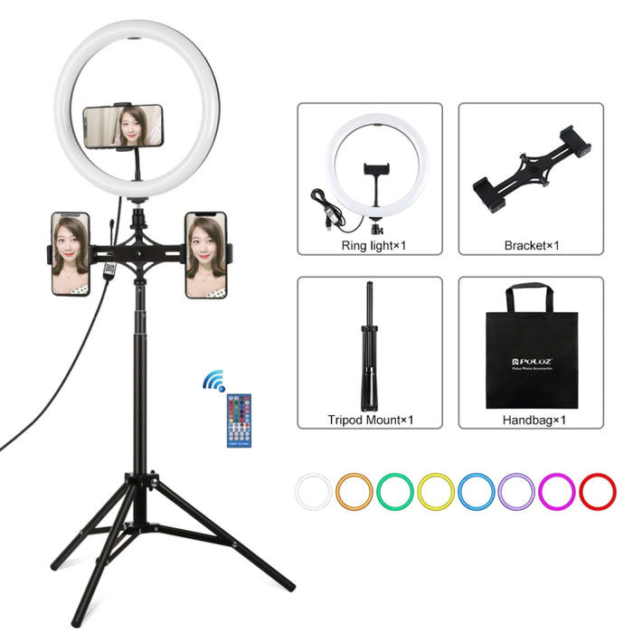 PULUZ 11.8 inch 30cm RGBW Light + 1.65m Mount + Dual Phone Brackets Curved Surface RGBW Dimmable LED Ring Selfie Vlogging Light  Live Broadcast Kits with Cold Shoe Tripod Adapter & Phone Clamp & Remote Control, 11.8 inch RGBW+1.65m Tripod+Dual Bracket