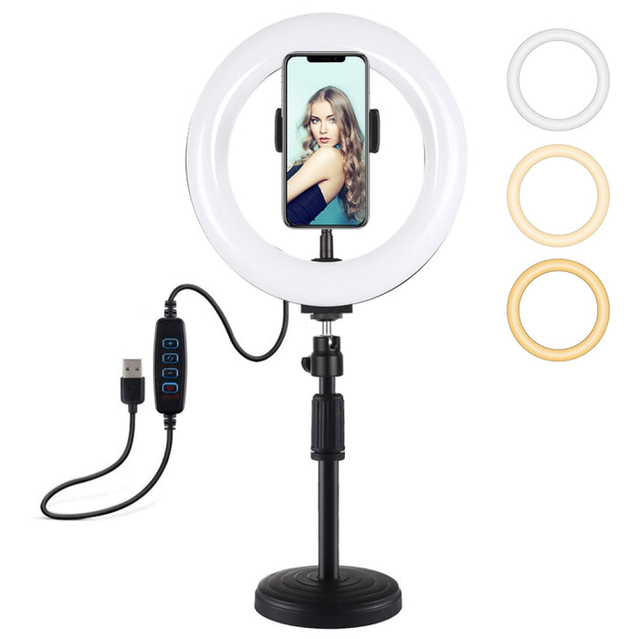 PULUZ 7,9 Zoll 20 cm Licht + Tischhalterung mit runder Basis, USB, 3 Modi, dimmbar, zweifarbige Temperatur, LED-Lichtring mit gebogenem Licht, Vlogging-Selfie-Fotografie, Videoleuchten mit Telefonklemme, 7,9 Zoll + Tischhalterung
