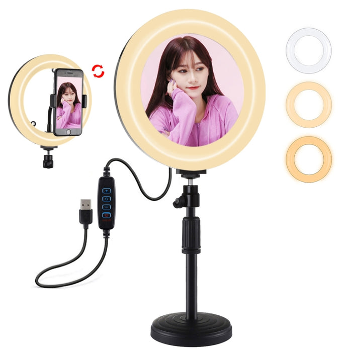 PULUZ 7,9 Zoll 20 cm Spiegellicht + runde Tischhalterung mit 3 Modi, dimmbar, zweifarbige Temperatur, LED-Lichtring mit gebogenem Licht, Vlogging-Selfie-Fotografie, Videoleuchten mit Telefonklemme, 7,9 Zoll + Tischhalterung + Spiegel