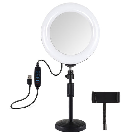PULUZ 7.9 inch 20cm Mirror Light + Round Base Desktop Mount 3 Modes Dimmable Dual Color Temperature LED Curved Light Ring Vlogging Selfie Photography Video Lights with Phone Clamp