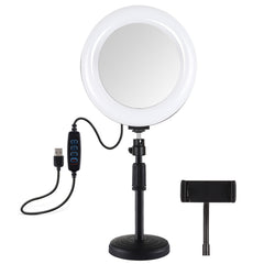 PULUZ 7.9 inch 20cm Mirror Light + Round Base Desktop Mount 3 Modes Dimmable Dual Color Temperature LED Curved Light Ring Vlogging Selfie Photography Video Lights with Phone Clamp, 7.9 inch+Desktop Mount+Mirror