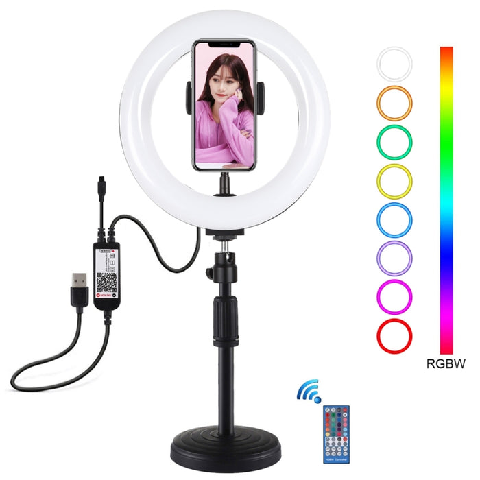 PULUZ 7,9 Zoll 20 cm RGBW-Licht + runde Basis, Tischhalterung, dimmbare LED, zweifarbige Temperatur, LED, gebogener Lichtring, Vlogging-Selfie-Fotografie, Videoleuchten mit Telefonklemme, 7,9 Zoll + runde Halterung
