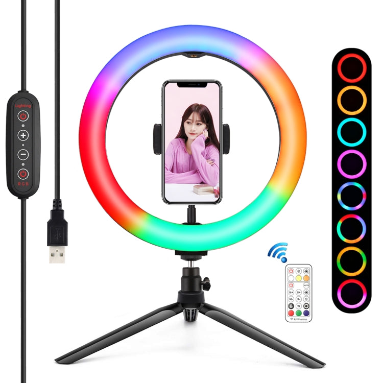 PULUZ 10.2 inch 26cm Marquee LED RGBWW Selfie Beauty Light + Desktop Tripod Mount 168 LED Dual-color Temperature Dimmable Ring Vlogging Photography Video Lights with Cold Shoe Tripod Ball Head & Remote Control & Phone Clamp, 10.2 inch RGBWW+Desktop Mount