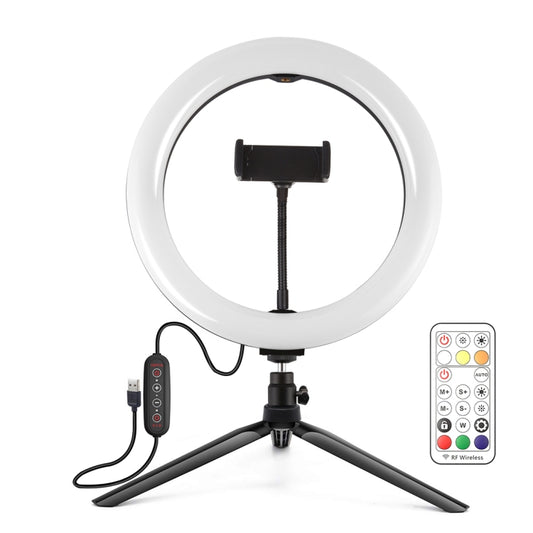 PULUZ 10.2 inch 26cm Marquee LED RGBWW Selfie Beauty Light + Desktop Tripod Mount 168 LED Dual-color Temperature Dimmable Ring Vlogging Photography Video Lights with Cold Shoe Tripod Ball Head & Remote Control & Phone Clamp, 10.2 inch RGBWW+Desktop Mount