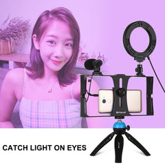 PULUZ 4 in 1 Vlogging Live Broadcast Smartphone Video Rig + 4.7 inch 12cm RGBW Ring LED Selfie Light + Microphone + Pocket Tripod Mount Kits with Cold Shoe Tripod Head, 4-in-1, 4-in-1 RGBW Ring LED