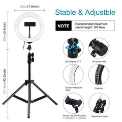 PULUZ 7.9 inch 20cm Light+ 1.1m Tripod Mount USB 3 Modes Dimmable Dual Color Temperature LED Curved Light Ring Vlogging Selfie Photography Video Lights with Phone Clamp, 7.9 inch Light+ 1.1m Tripod