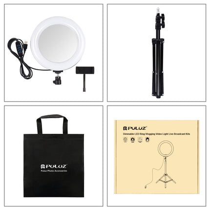 PULUZ 7.9 inch 20cm Mirror Light+ 1.1m Tripod Mount USB 3 Modes Dimmable Dual Color Temperature LED Curved Light Ring Vlogging Selfie Photography Video Lights with Mirror & Phone Clamp