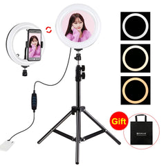 PULUZ 7.9 inch 20cm Mirror Light+ 1.1m Tripod Mount USB 3 Modes Dimmable Dual Color Temperature LED Curved Light Ring Vlogging Selfie Photography Video Lights with Mirror & Phone Clamp, 7.9 inch Mirror Light + 1.1m Mount