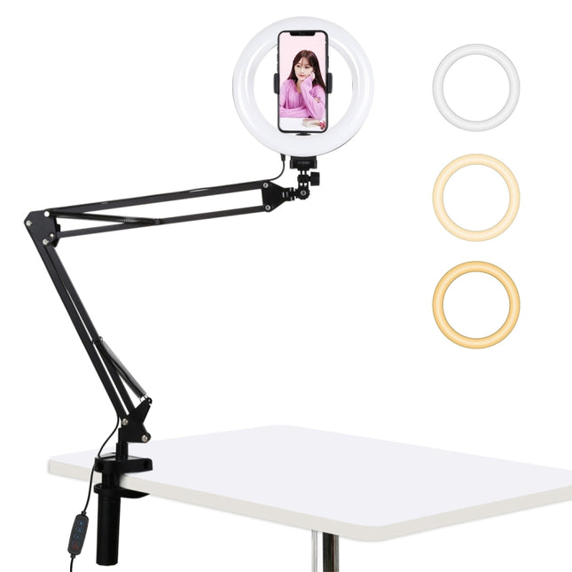 PULUZ 7.9 inch 20cm Ring Curved Light + Desktop Arm Stand USB 3 Modes Dimmable Dual Color Temperature LED Vlogging Selfie Photography Video Lights with Phone Clamp
