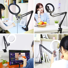 PULUZ 7.9 inch 20cm Ring Curved Light + Desktop Arm Stand USB 3 Modes Dimmable Dual Color Temperature LED Vlogging Selfie Photography Video Lights with Phone Clamp, 7.9 inch+Arm Stand