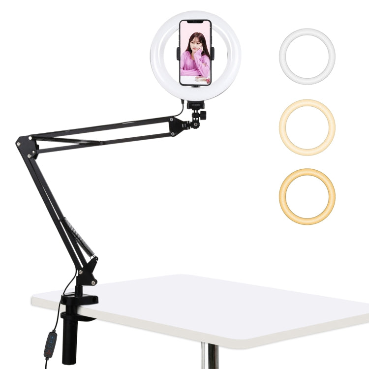 PULUZ 7.9 inch 20cm Ring Curved Light + Desktop Arm Stand USB 3 Modes Dimmable Dual Color Temperature LED Vlogging Selfie Photography Video Lights with Phone Clamp, 7.9 inch+Arm Stand