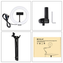 PULUZ 7.9 inch 20cm Ring Curved Light + Desktop Arm Stand USB 3 Modes Dimmable Dual Color Temperature LED Vlogging Selfie Photography Video Lights with Phone Clamp, 7.9 inch+Arm Stand