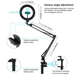 PULUZ 7.9 inch 20cm Ring Curved Light + Desktop Arm Stand USB 3 Modes Dimmable Dual Color Temperature LED Vlogging Selfie Photography Video Lights with Phone Clamp, 7.9 inch+Arm Stand