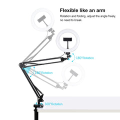 PULUZ 7.9 inch 20cm Ring Curved Light + Desktop Arm Stand USB 3 Modes Dimmable Dual Color Temperature LED Vlogging Selfie Photography Video Lights with Phone Clamp, 7.9 inch+Arm Stand