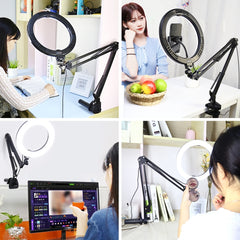 PULUZ 10.2 inch 26cm Ring Curved Light + Desktop Arm Stand USB 3 Modes Dimmable Dual Color Temperature LED Vlogging Selfie Photography Video Lights with Phone Clamp, 10.2 inch+Arm Stand