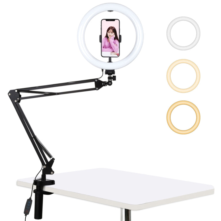 PULUZ 10.2 inch 26cm Ring Curved Light + Desktop Arm Stand USB 3 Modes Dimmable Dual Color Temperature LED Vlogging Selfie Photography Video Lights with Phone Clamp, 10.2 inch+Arm Stand