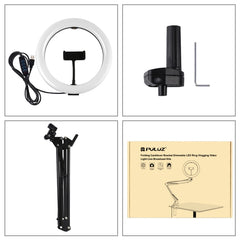 PULUZ 10.2 inch 26cm Ring Curved Light + Desktop Arm Stand USB 3 Modes Dimmable Dual Color Temperature LED Vlogging Selfie Photography Video Lights with Phone Clamp, 10.2 inch+Arm Stand