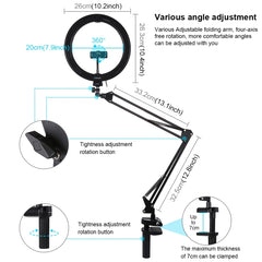 PULUZ 10.2 inch 26cm Ring Curved Light + Desktop Arm Stand USB 3 Modes Dimmable Dual Color Temperature LED Vlogging Selfie Photography Video Lights with Phone Clamp, 10.2 inch+Arm Stand