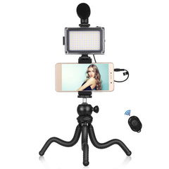 Kit de soporte mini pulpo PULUZ 4 en 1 para vlogs en vivo + luz de estudio + micrófono + kits de abrazadera para teléfono, trípode 4 en 1