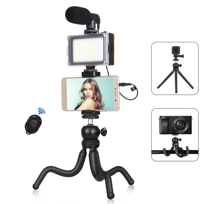 PULUZ 4-in-1-Vlogging-Live-Mini-Octopus-Halterungsset + Studioleuchte + Mikrofon + Telefonklemmen-Sets, 4-in-1-Stativ