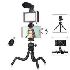 Kit de soporte mini pulpo PULUZ 4 en 1 para vlogs en vivo + luz de estudio + micrófono + kits de abrazadera para teléfono, trípode 4 en 1